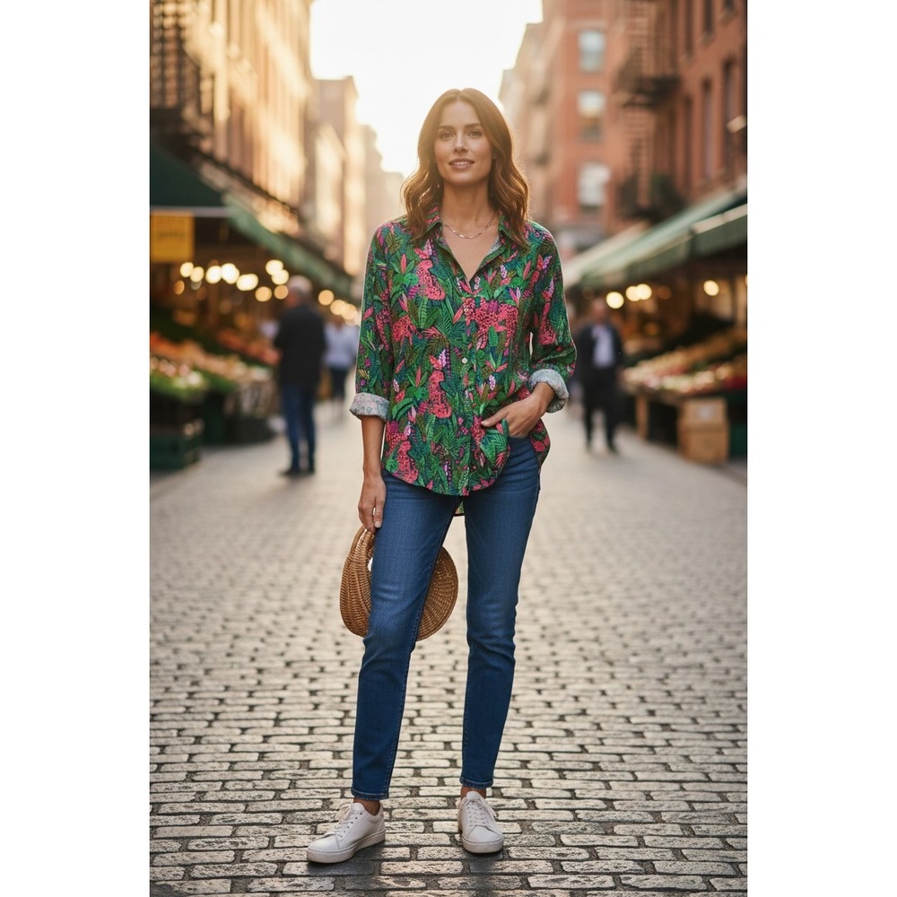 Palms Away Button Down Shirt Women Green Pink Leopard Tropical Linen Blend S